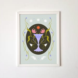 Illustration - Poster - Illustrated poster &quot;The Lake&quot; vertical format - Plant flower patterns - Wall decoration