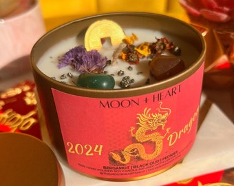 2024 Year of the DRAGON candle|  Intention Candle | Manifestation Candle w/ green aventurine, carnelian feng shui coins