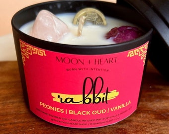 Rabbit Zodiac Intention Candle: Peonies, Oud & Vanilla Scent