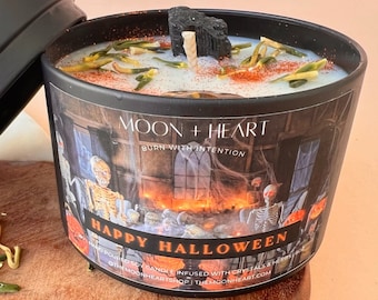 Halloween Intention Candle: Spooky Apple Strudel Scent, Crystal Infused