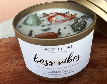Boss Vibes Manifestation Candle: Lavender Lemongrass Scent, Crystals & Botanicals