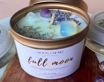Full Moon Crystal Candle: Vanilla Cashmere Scent, Intention Candle