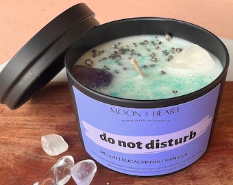 Do Not Disturb Candle: Crystal Infused Soy Candle, Melon Eucalyptus Vanilla Scent