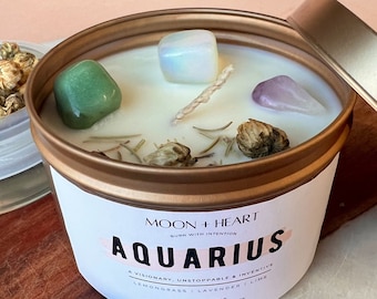 Aquarius Zodiac Candle: Crystal Infused, Lavender Lemongrass Scent