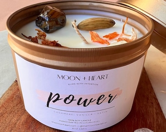 Intention candle for POWER with Tiger’s Eye, Clear Quartz | Homemade candles | Manifestation Candle