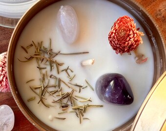 Intention Candle for NAMASTE w/ Rose quartz, Amethyst| Homemade candles | Manifestation Candle