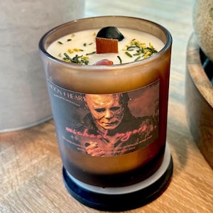 Michael Myers Halloween Candle: Pumpkin Latte Scent, Black Obsidian Crystal