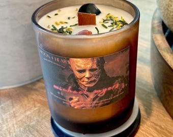 Michael Myers Halloween Candle: Pumpkin Latte Scent, Black Obsidian Crystal