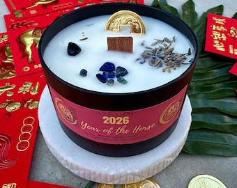 Vela del Año del Caballo 2026 (Tet) / Año Nuevo Vietnamita / Vela de Intención / Vela de Manifestación con Pirita, Ojo de Tigre y Citrino