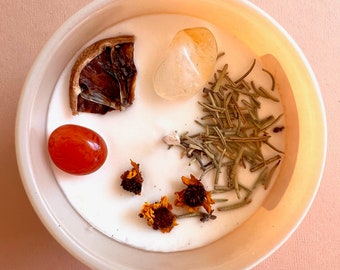 Bougie d'intention Abundance : parfum de citronnelle, d'agrumes, de citrine et de cristaux de cornaline