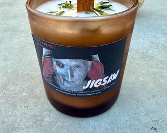 Jigsaw Horror Candle: Apple Strudel Scented, Black Obsidian & Citrine Crystals