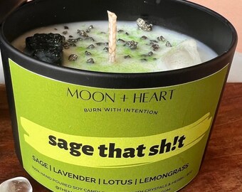 Sage Intention Candle with Crystals: Black Tourmaline, Clear Quartz, Pyrite