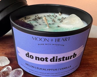 Do Not Disturb Candle: Crystal Infused Soy Candle, Melon Eucalyptus Vanilla Scent