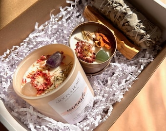 Self Care Gift Box: Crystal Intention Candle, Sage Bundle