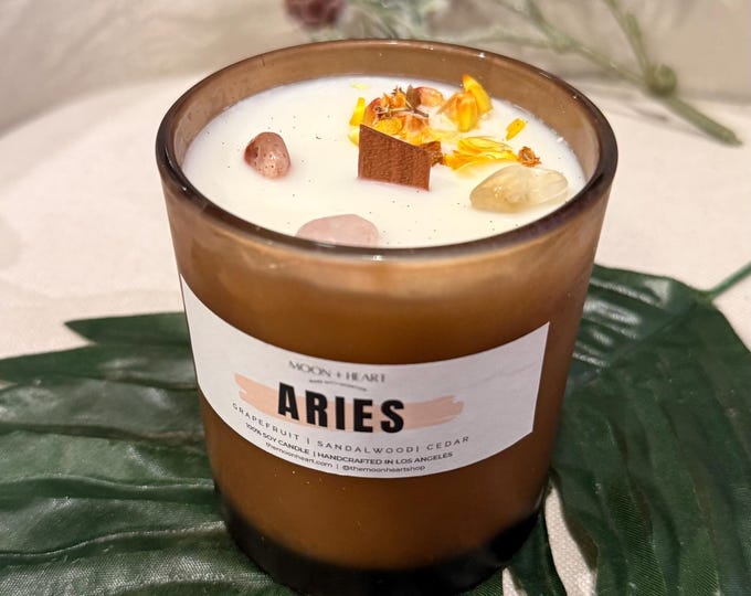 Aries Zodiac Candle: Crystal Infused Intention Candle, Grapefruit Sandalwood Scent