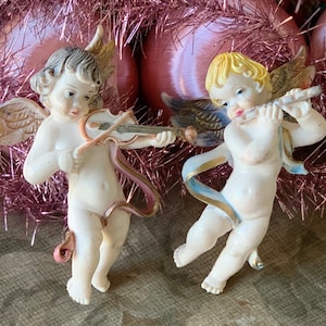 Vintage pair angel ornaments retro Italy plastic cherub baby Christmas decoration figures 3 inch tall
