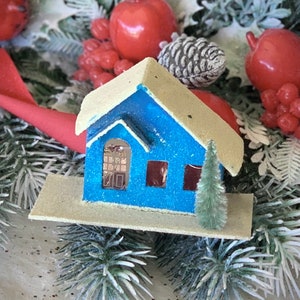 Vintage mini glitter blue putz house Japan Christmas decoration 2.5 inch tall