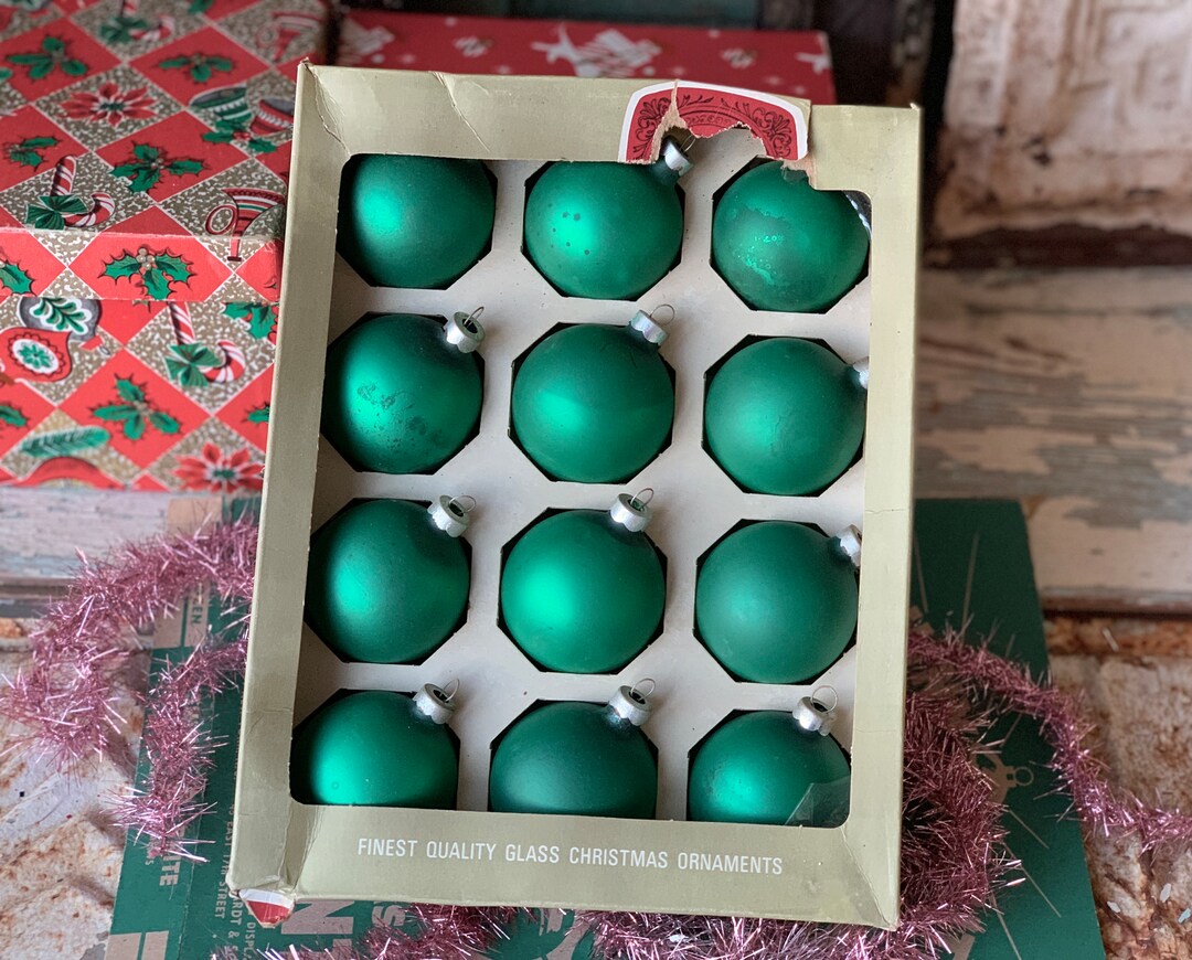 Vintage Set Green Glass Ball Ornaments Retro Boxed Christmas Decorations Etsy