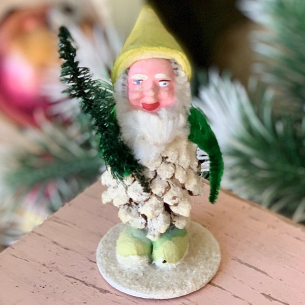 Vintage pinecone elf mini pipe cleaner Santa pixie Christmas figurine 3 inch tall