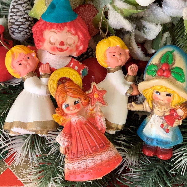 Vintage plastic Christmas ornaments girls angels raggedy ann holly hobbie