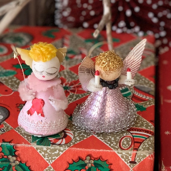 Vintage pair miniature angel ornaments spun cotton head pipe cleaner Christmas fairies 2.5 inch tall