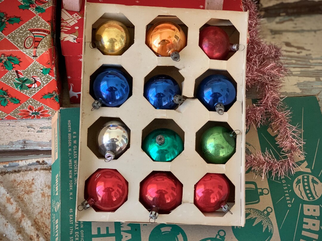 Vintage Set Glass Ball Ornaments Retro Small Multi Color Mismatched Shabby Christmas Decorations