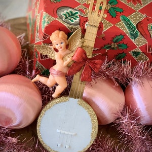 Vintage angel ornament plastic banjo instrument cherub Christmas decoration 7 inch tall