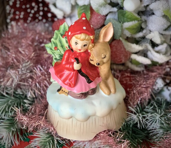 Vintage Lefton Girl With Deer Music Box Figurine Ceramic