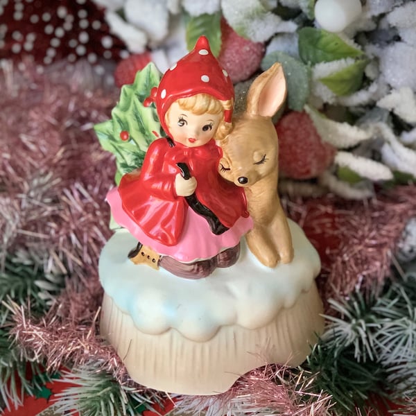 Vintage Lefton girl with deer music box figurine ceramic Little Red Riding Hood Christmas decoration 5.75 inch tall