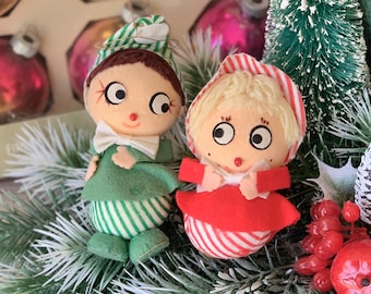 Vintage pair pixie ornaments flocked styrofoam red and green Christmas girl elves set