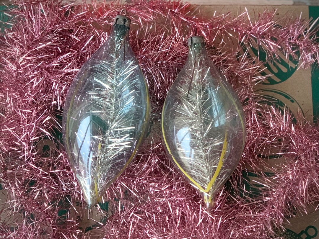 Vintage Pair Glass Teardrop Ornaments Retro Tinsel Filled Christmas