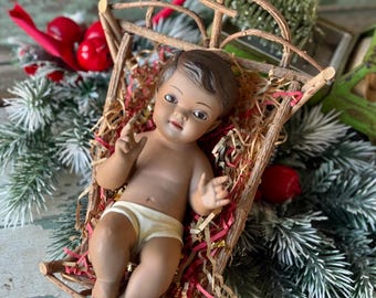 Vintage Christmas nativity baby Jesus wood manger creche statue decoration