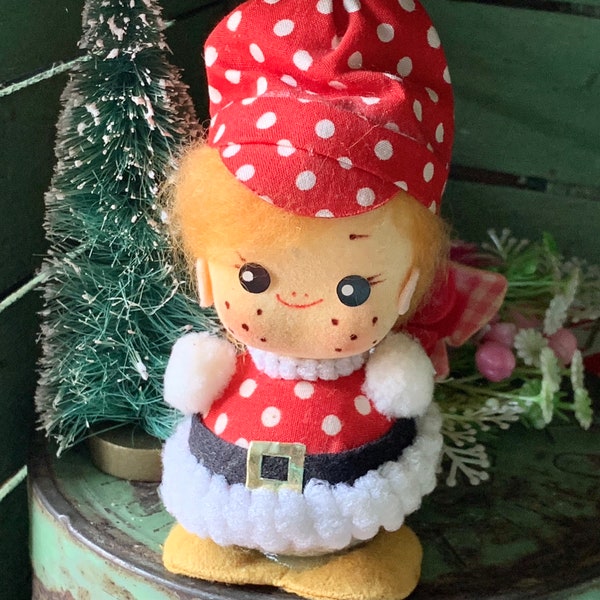 Vintage pixie ornament retro flocked mod polka dot Christmas elf girl 5.25 inch tall