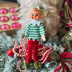 Vintage Christmas elf ornament Japan green striped pixie doll
