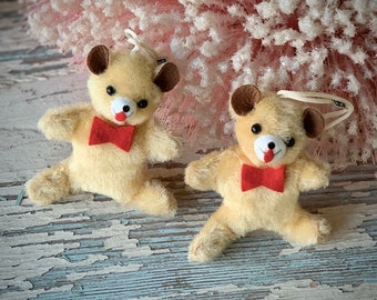 Vintage pair teddy bear ornaments Japan Christmas red bow ties fuzzy bears 3.25 inch tall