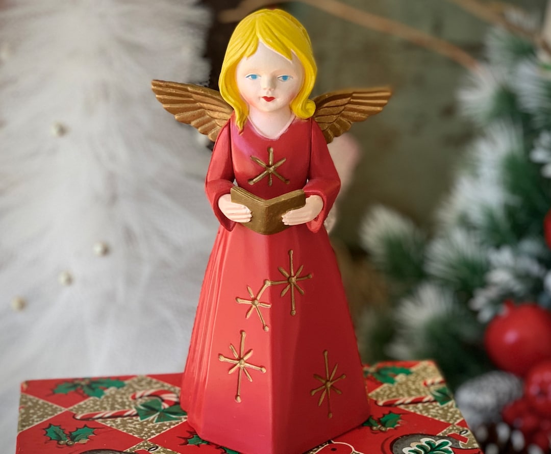 Vintage Christmas Angel Figurine Red Plastic Blond Fairy