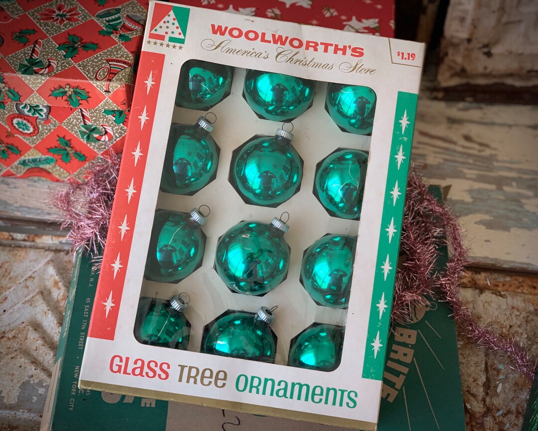 Vintage Set Green Glass Ornaments Shiny Brite Shabby Green Etsy