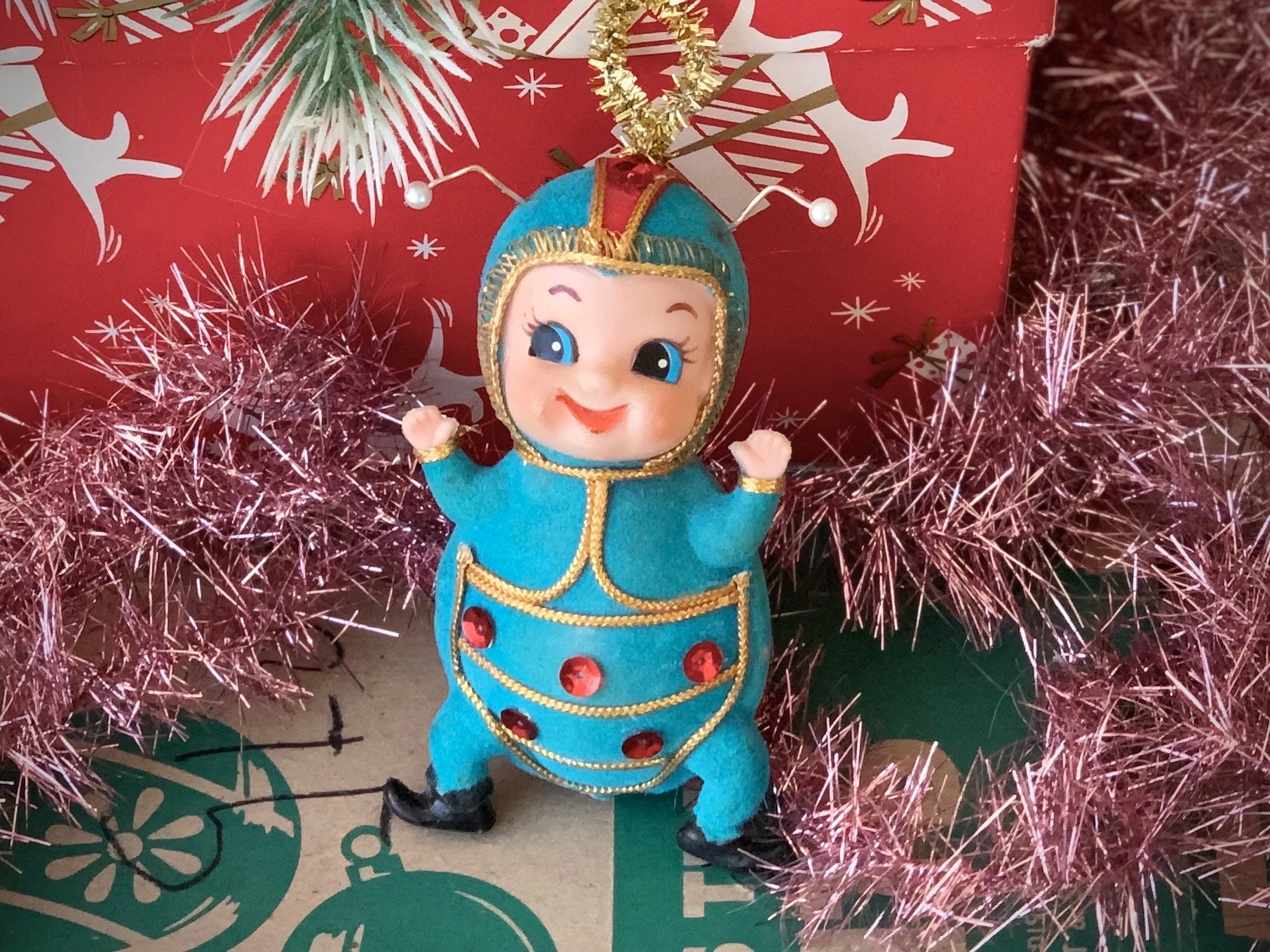 Vintage Anthropomorphic Pixie Bug Ornament Retro Flocked Beetle