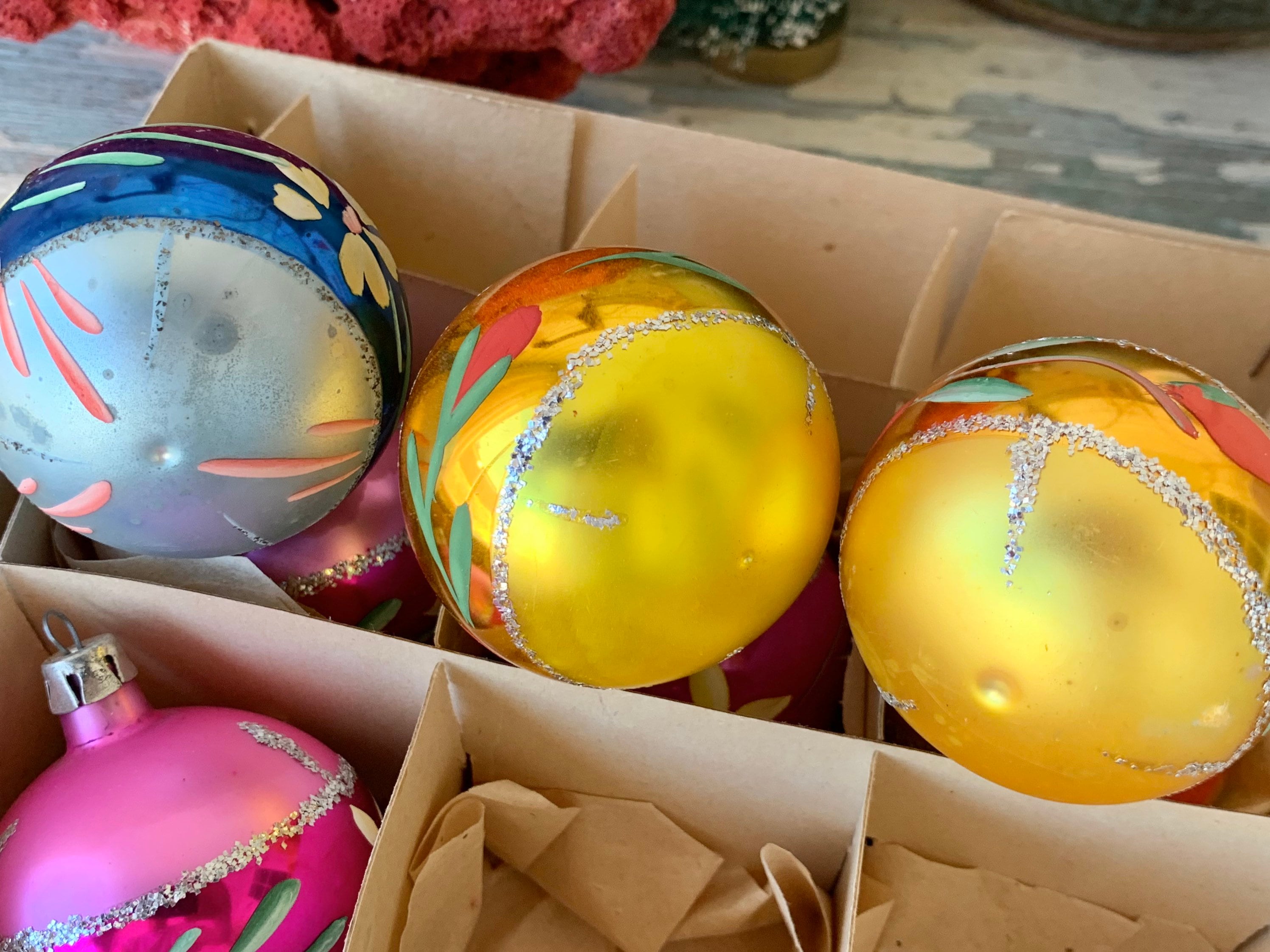 Vintage Shabby Small Glass Ball Ornaments Boxed Santa Land Etsy