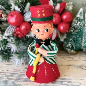 Vintage caroler elf figurine Christmas top hat pixie with horn decoration 7 inch tall