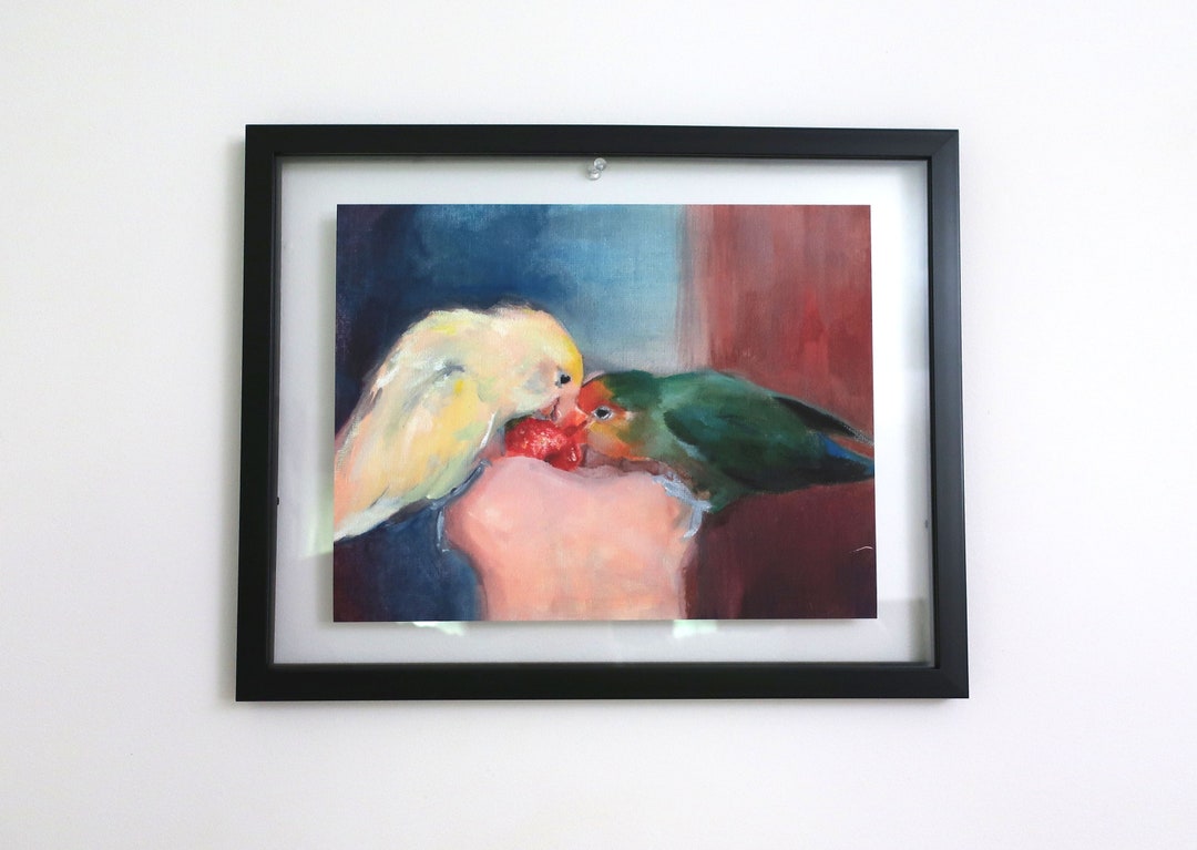 Lovebirds Sharing a Strawberry Original Oil Painting GICLEE Fine Art