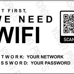 May include: A white sign with black text that reads "BUT FIRST, WE NEED WIFI." A QR code is in the upper right corner with "SCAN ME" below it. The bottom of the sign says "NETWORK: YOUR NETWORK PASSWORD: YOUR PASSWORD."