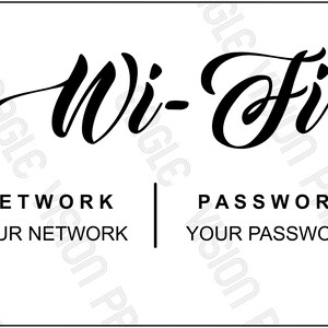 May include: A white sign with black text that reads "Wi-Fi" in a cursive font. Below, it says "NETWORK YOUR NETWORK" and "PASSWORD YOUR PASSWORD". The sign is designed to display network information.