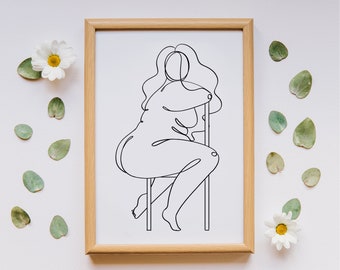 May include: Line art drawing of a person sitting on a chair. The drawing is in black and white and is framed in a light wood frame.