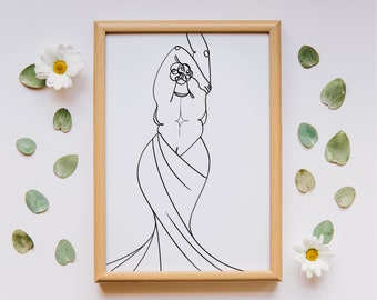 May include: A black and white line drawing of a person with their arms raised above their head, wearing a flowing gown. The drawing is framed in a light wood frame.