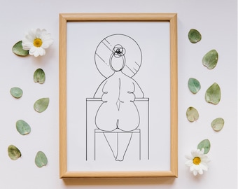 Body Positive Line Art Print | Spegel med kurvig kvinna (digital nedladdning)