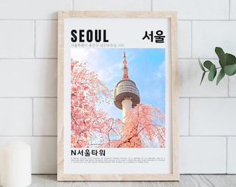 Korea Poster Watercolor Seoul Tower Hangul Print Mid Century Modern Decor Printable Wall Art For Living Room Travel Poster Floral