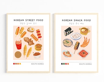 Korean Retro Street Snack Food Posters, Banchan Art, 2 Piece, Aesthetic Room Decor, Retro Restaurant, Colorful Wall Art, Kitchen Wall Decor