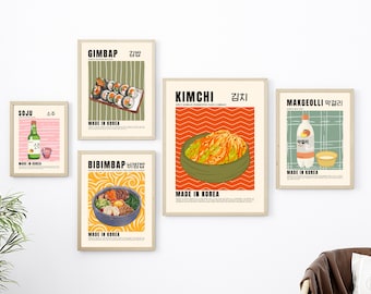 Korean Food Posters Set of 5 | Korea Colorful Food Prints | Digital Download | Bar Printable Art | Kitchen Wall Decor | Gallery Wall Art