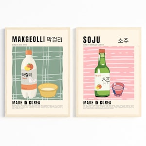 koreanisches Essen Retro Soju Makgeolli Poster, 2-teilige Wandkunst, ästhetisches Raumdekor, Retro Wandkunst, bunte Wandkunst, Küchen Wanddeko